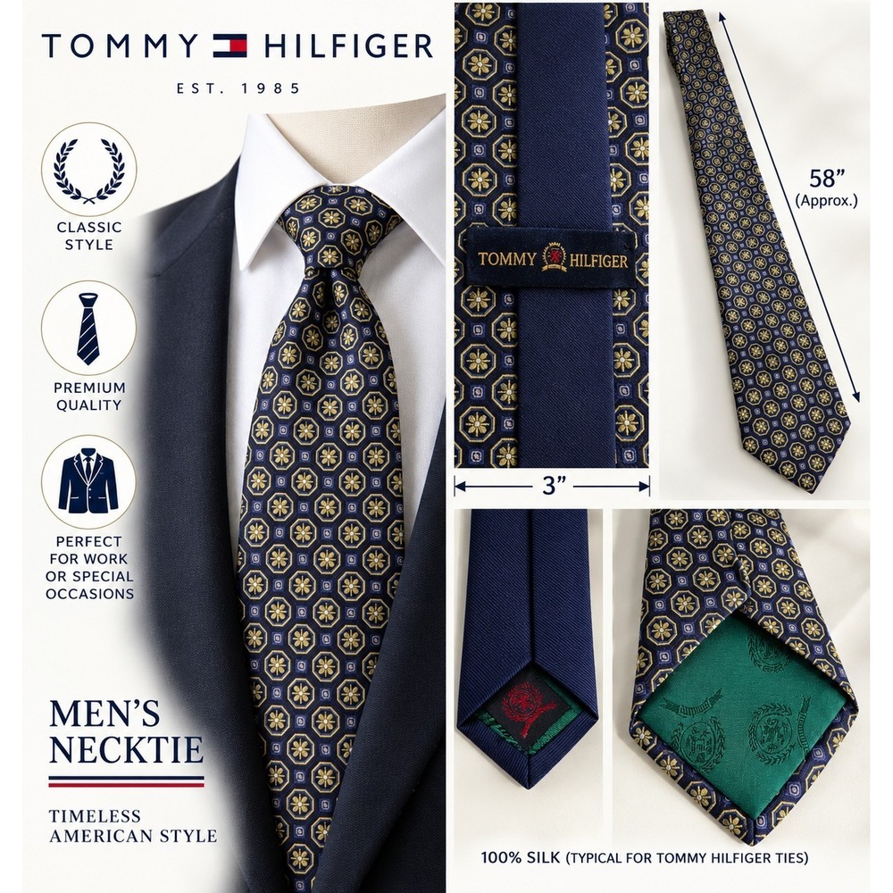 Tommy Hilfiger 100% Silk Men's Tie Navy Gold Geometric Made in USA 58" x 3"